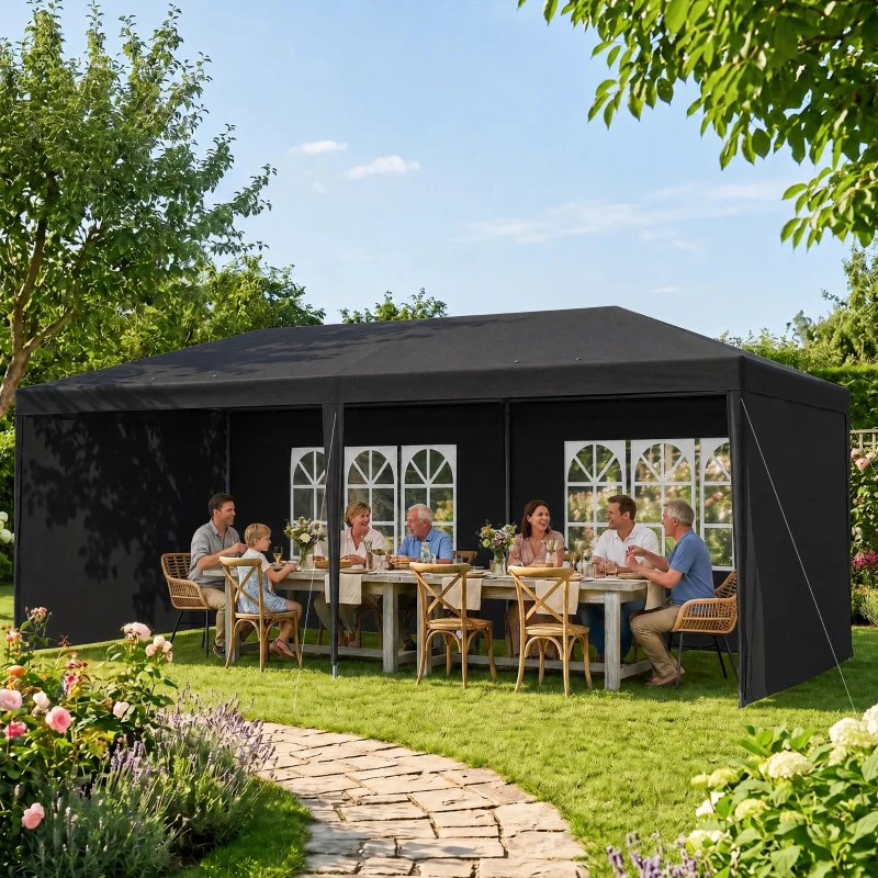 Outsunny 6 x 3 m Party Tent Gazebo - Outdoor Patio Canopy Shelter with Windows and Side Panels, Dark Grey