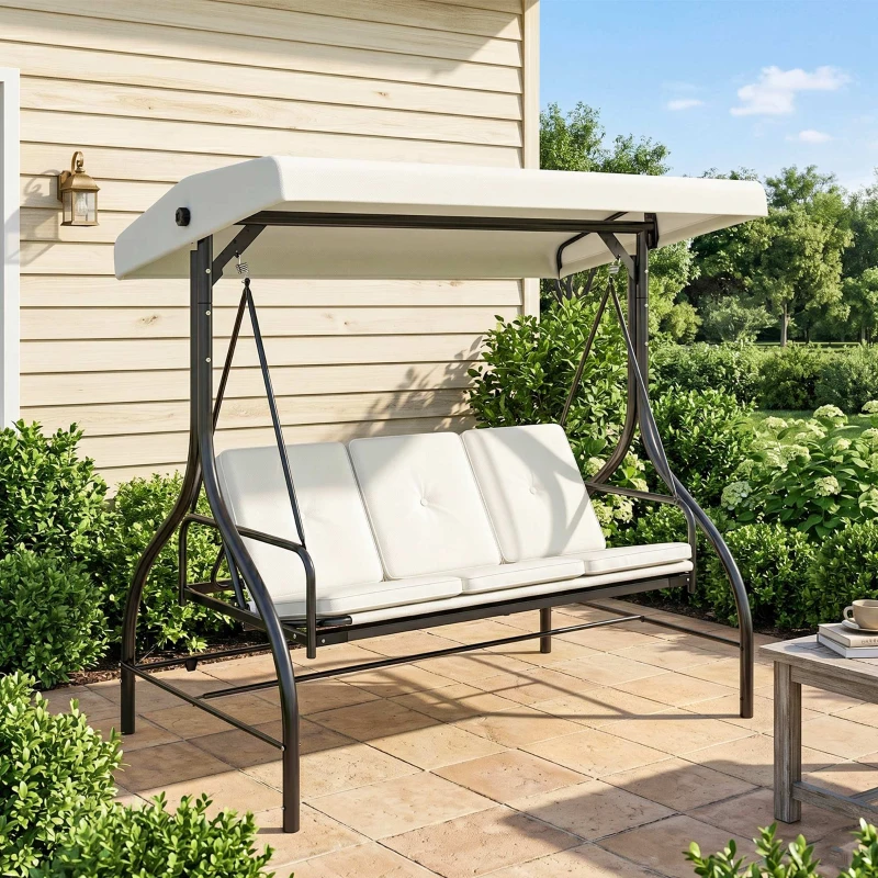 Outsunny 3 Seater Garden Swing Chair, 2 in 1 Convertible Patio Swing Seat Bed with Adjustable Canopy, Cushions and Metal Frame, Outdoor Hammock Bench Chair for Balcony, Terrace, Cream White