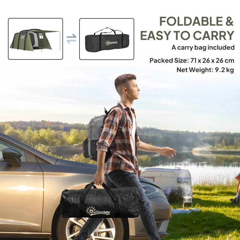 Outsunny Inflatable 3 Man Tunnel Tent w/ Air Pump, Living Area & Vestibule, Waterproof Family Camping Air Tent, Groundsheet, Removable Footprint for Hiking, 440L x 280W x 195Hcm, Olive Green