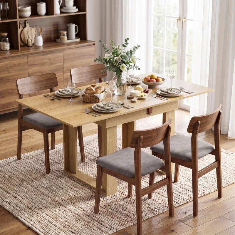 HOMCOM Folding Dining Table Under-Table Storage Extendable Kitchen Table Steel Rail Oak Effect