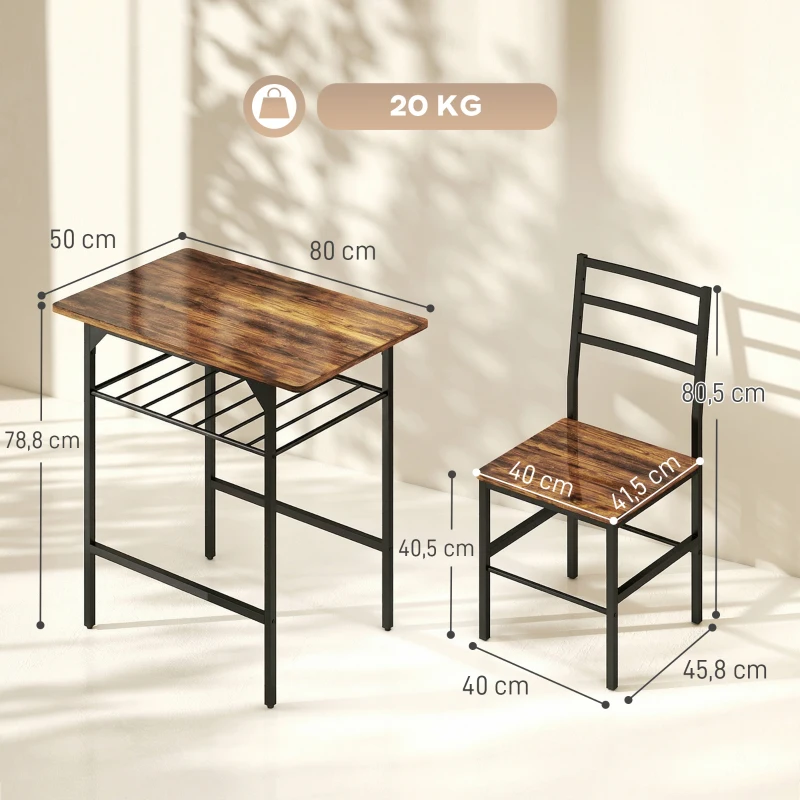 HOMCOM Ensemble table salle à manger avec 2 chaises, table de cuisine avec chaises pour 2 personnes, cadre en métal, marron