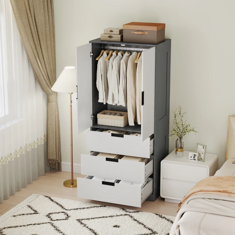 HOMCOM Modern Clothes Storage Cupboard Unit, 3 Drawer 2 Door Wardrobe with Hanging Rod, Grey