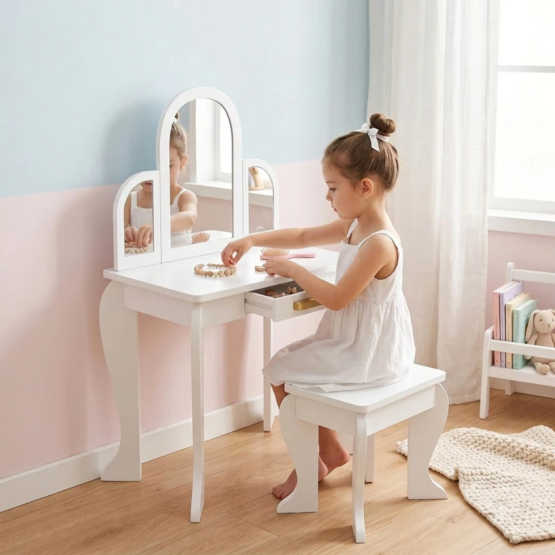 HOMCOM Tocador para Niños con Espejo y Taburete Tocador Infantil Tocador de Maquillaje para Niña de 3 a 6 Años con Cajón Blanco
