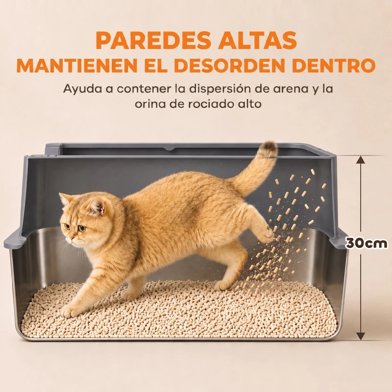 PawHut Juego de 2 Areneros Gatos de Acero Inoxidable XL Borde Alto 2 Palas para Gatos Grandes y Gatitos Múltiples Gris Oscuro