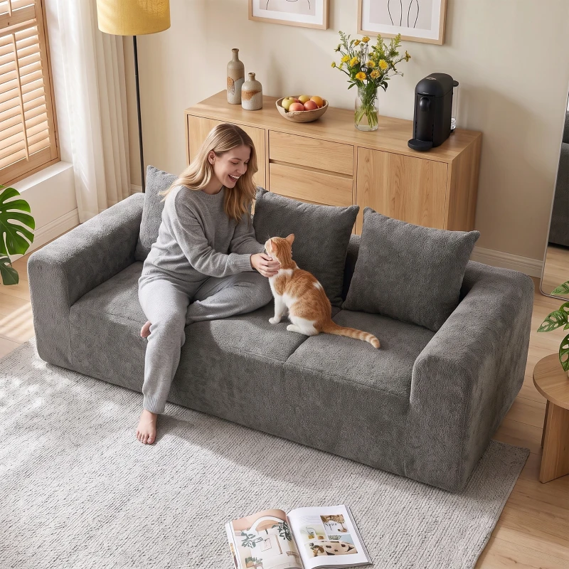 HOMCOM Canapé 3 Places en Chenille 220 cm, Canapé Salon Moderne avec Assise et Accoudoirs Larges, 3 Coussins, Gris