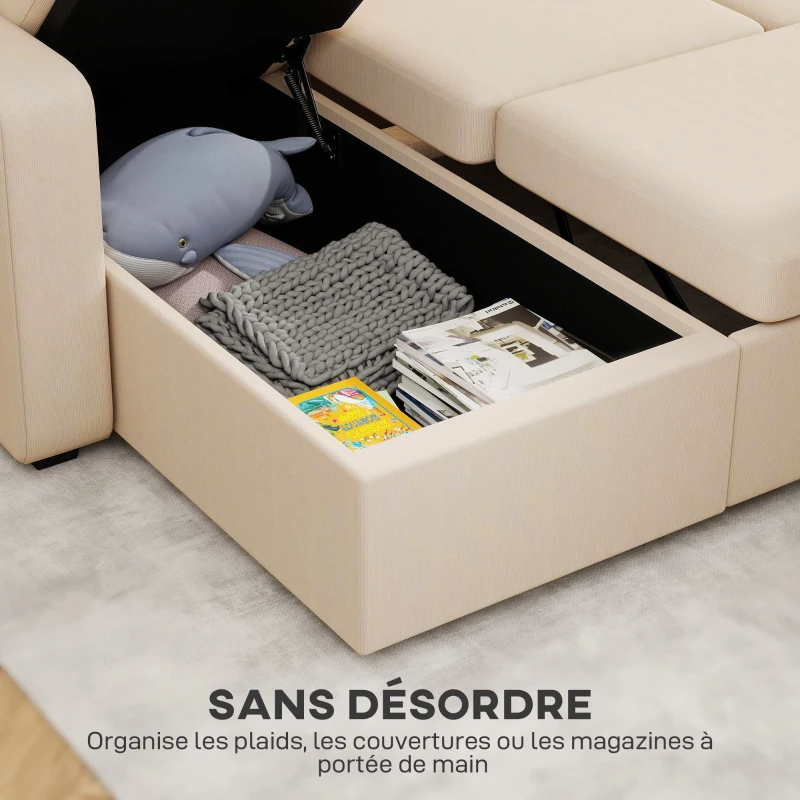 HOMCOM Canapé d'angle convertible en velours côtelé, canapé-lit 3 places avec rangement caché, coussins, 205x135x76cm, beige(m-6)