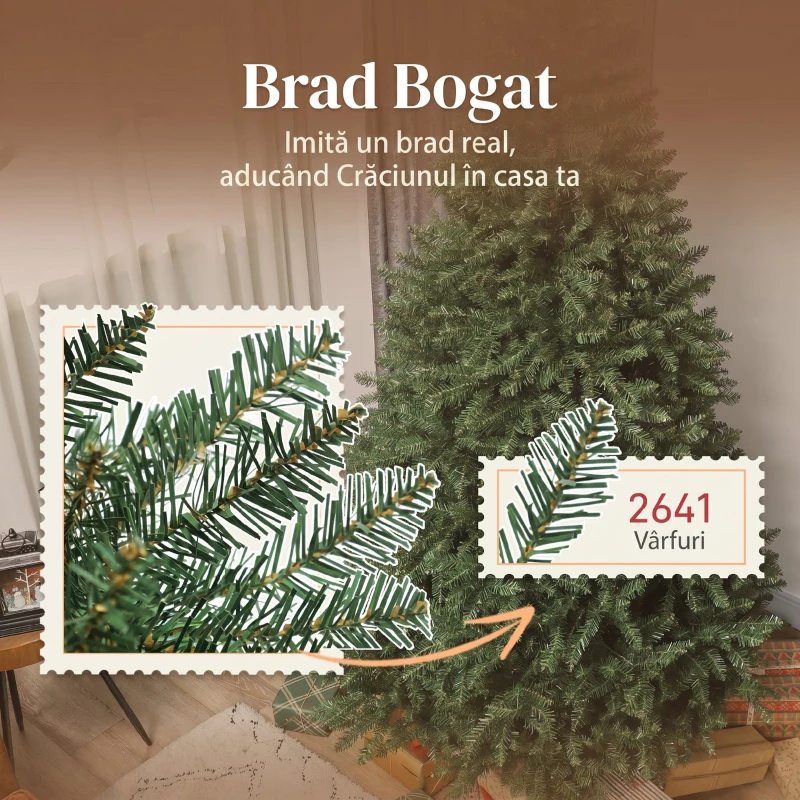 HOMCOM Brad de Crăciun Artificial de 210 cm cu Ramuri pe Balamale și Bază Metalică Pliabilă, Verde