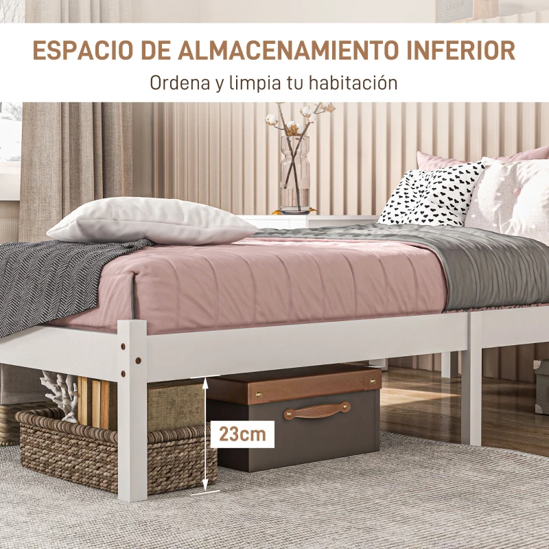 HOMCOM Cama de Madera Somier con Cabecera para Colchón de 90x190 cm (no incluido) Carga 120 kg 198x96x70 cm Blanco