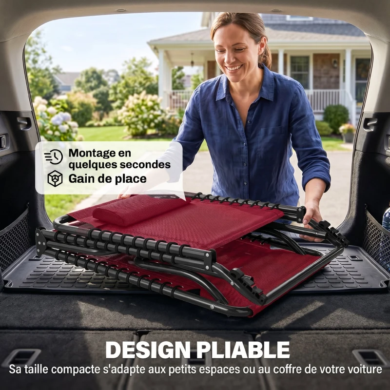 Outsunny Bain de Soleil transat Pliable Dossier inclinable Multi-Positions Acier thermoplastique Lacets élastiques Noir textilène Rouge