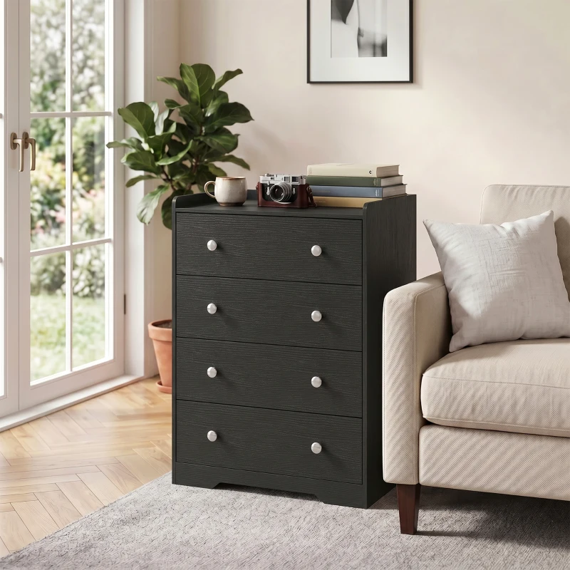 HOMCOM 4 Drawer Chest of Drawers, Modern Dresser for Bedroom, Storage Cabinet for Living Room Entryway, Black Wood Effect