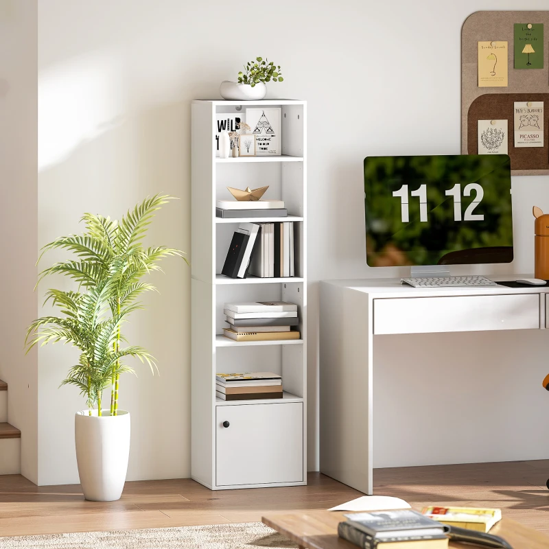 HOMCOM Librería de 5 Niveles Estantería para Libros Moderna con Estantes Abiertos y Puerta 40x30x156 cm Blanco