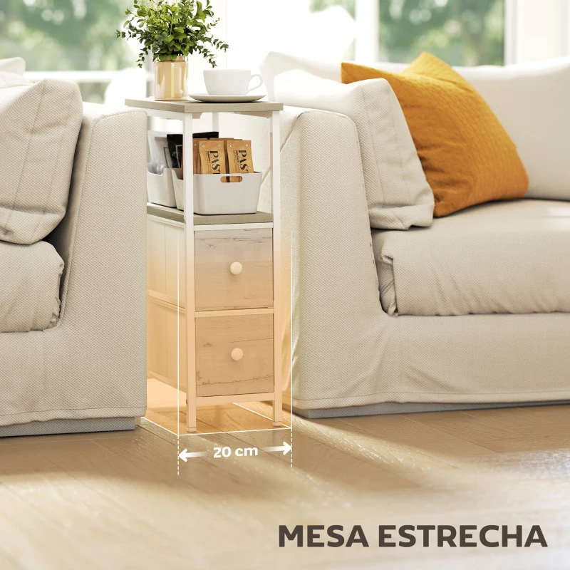 HOMCOM Juego de 2 Mesitas Auxiliares Estrechas con Enchufe Toma AC Puerto USB Puerto USB-C 2 Cajones de Tela Natural