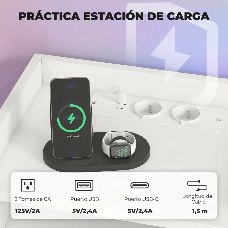 HOMCOM Juego de 2 Mesitas de Noche Flotantes con Estación de Carga Cajón Estante Abierto 40x29x29 cm Blanco