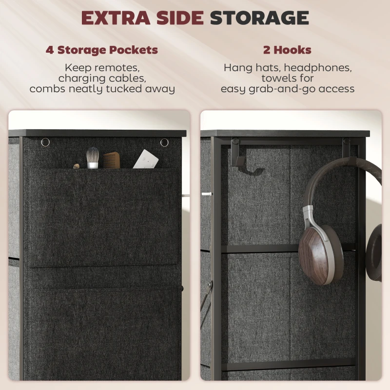 HOMCOM Chest of Drawers, Dresser with 5 Fabric Drawers, Tall Storage Unit with 4 Pockets and 2 Hooks Steel Frame, Charcoal Grey