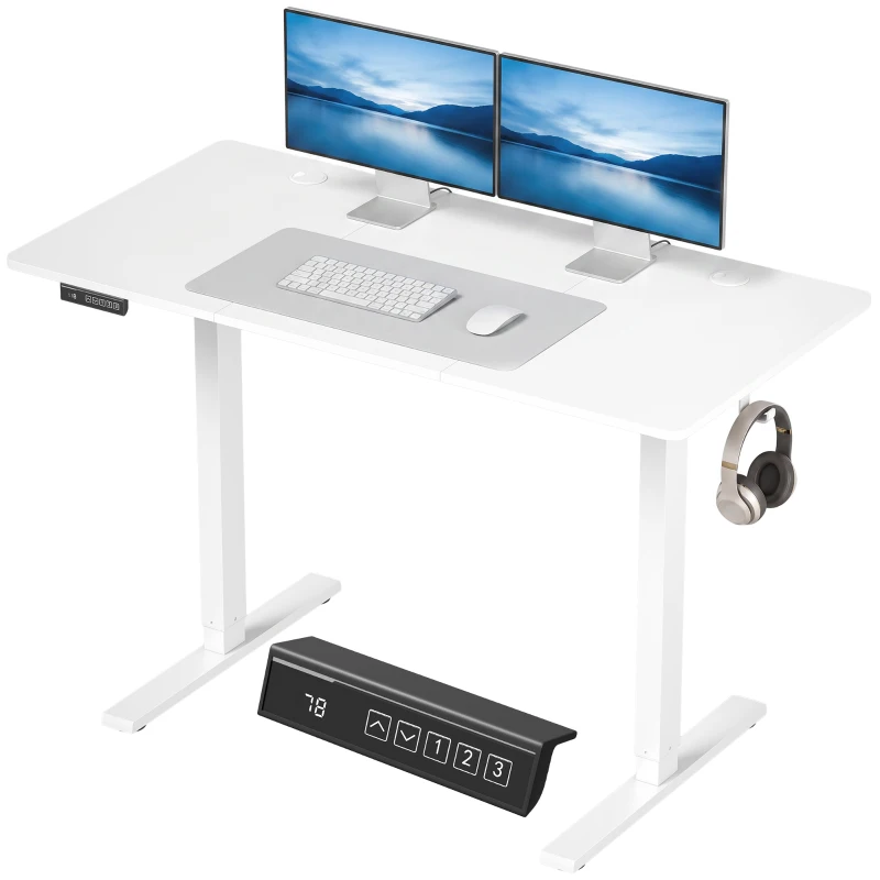 HOMCOM Standing Desk Memory Control Height Adjustable Desk 2 Cable Holes LED Display Sit Stand Desk White