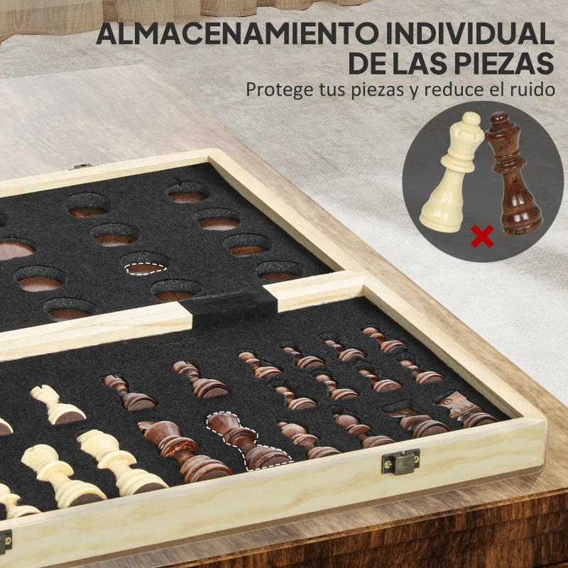 SPORTNOW Juego de Ajedrez Internacional y Damas de Madera 2 en 1 Plegable con Piezas de Pino y Ranuras de Almacenamiento Nogal