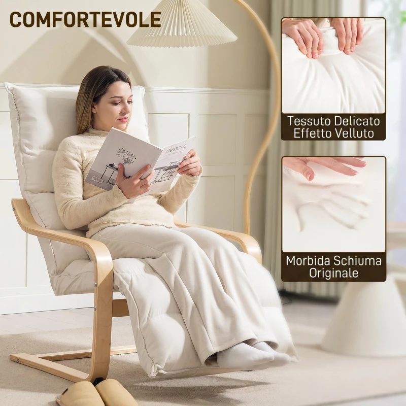 HOMCOM Poltroncina Relax in Legno con Rivestimento in Velluto e Poggiapiedi Regolabile, Crema