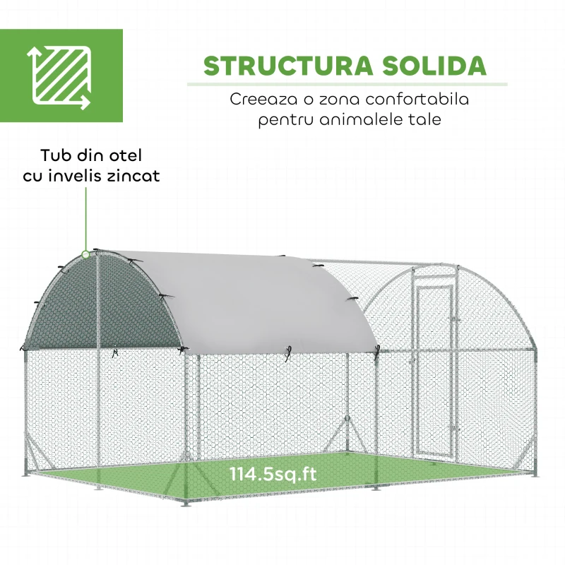 PawHut țarc pentru găini din metal galvanizat cu acoperiș și acoperire anti-UV, 280x380x197 cm, argintiu
