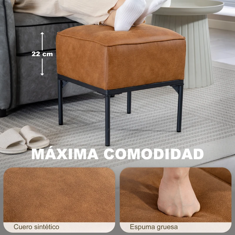 HOMCOM Reposapiés Salón Taburete Bajo Tapizado en PU con Patas de Acero Acolchado Grueso Otomana para Sofá Marrón