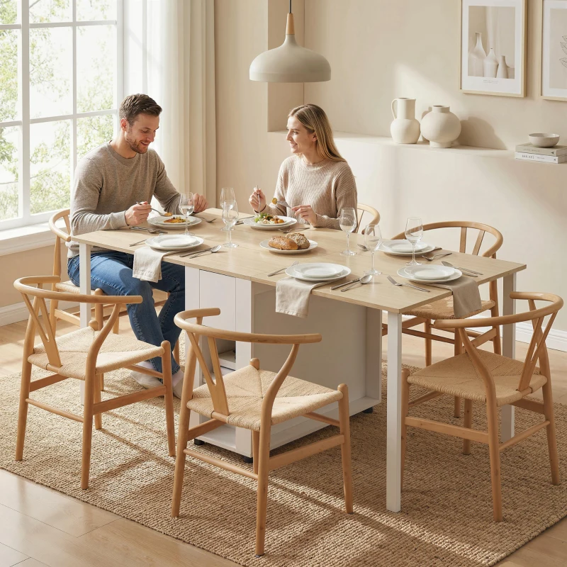 HOMCOM Table à manger pliante pour 6 personnes 39-168 cm, table de cuisine avec 2 tiroirs et 4 étagères ouvertes, blanc