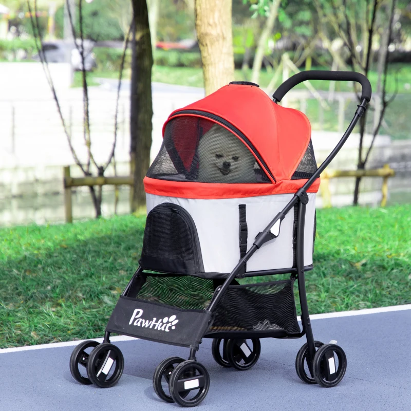 PawHut Carrito para Perros Pequeños 3 en 1 con Vagón Desmontable Cesta de Almacenaje Correas de Seguridad y Cojín Rojo