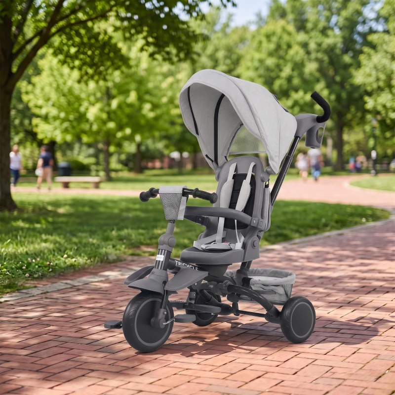 AIYAPLAY Triciclo per Bambini 6 in 1 con Maniglione di Spinta e Sedile Girevole, 111.5x52x98 cm, Grigio