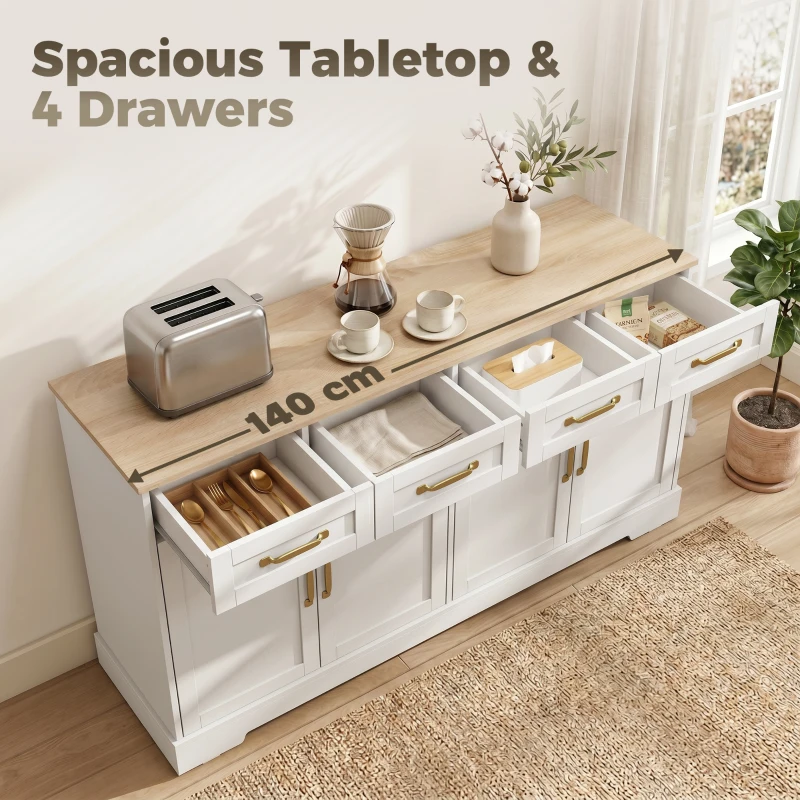 HOMCOM Sideboard Buffet Cabinet, 140 cm Kitchen Storage Cabinet with 4 Drawers, 4 Doors and 2 Adjustable Shelves, White
