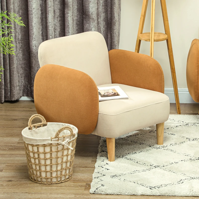 HOMCOM Butaca para Dormitorio con Reposabrazos y Patas de Madera Sofá Individual Carga 120 kg Beige y Ocre