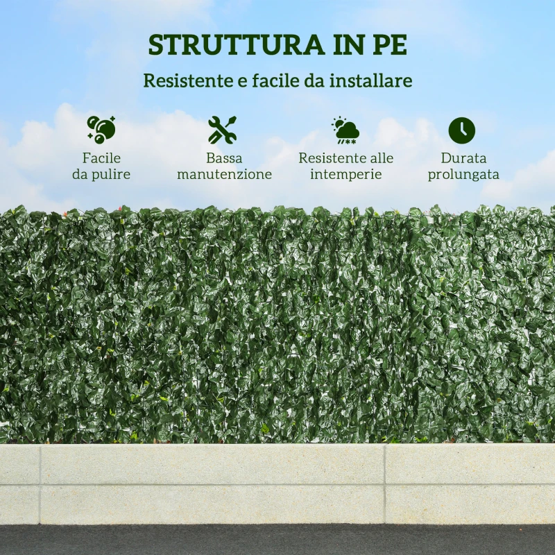 Outsunny Rotolo di Siepe Finta per Balcone e Giardino in PE con Foglie di Edera, 300x100 cm, Verde Scuro