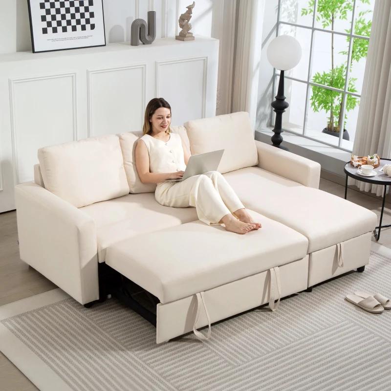 HOMCOM Canapé d'angle convertible modulable avec méridienne réversible, coffre de rangement et 3 coussins de dossier, crème(m-11)