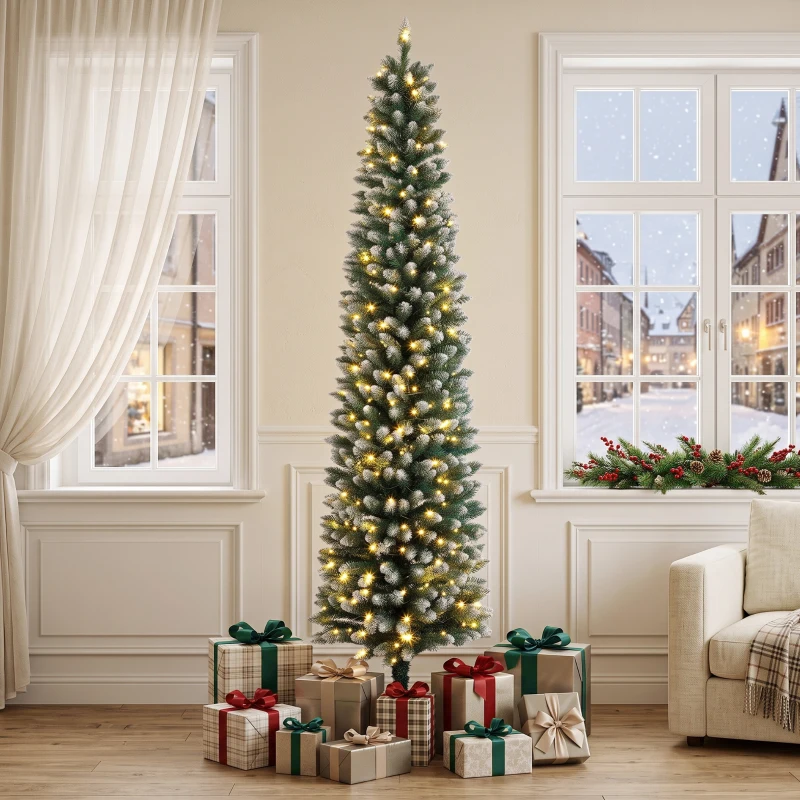 HOMCOM Árbol de Navidad Estrecho Nevado con 170 Luces LED Bicolor 180 cm 351 Ramas Ignífugo 11 Modos Mando a Distancia Verde