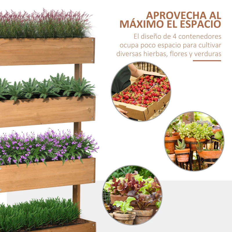 Outsunny Jardinera de Madera de 4 Niveles Jardinera Elevada Exterior con Orificios de Drenaje 80x45x142 cm Naranja