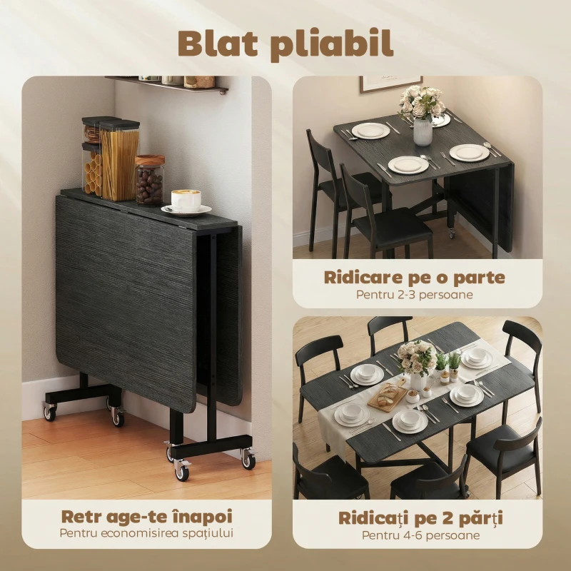 HOMCOM Masă pliabilă pentru 4-6 persoane, cu 2 extensii și roți cu frâne, 120x80x73 cm, negru cu efect de lemn