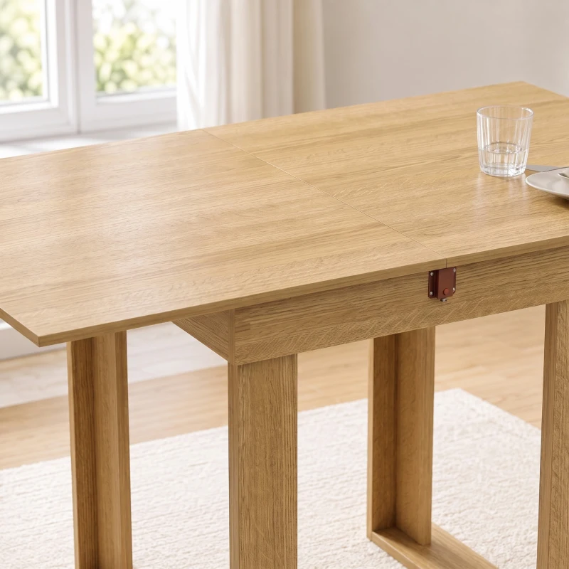 HOMCOM Folding Dining Table Under-Table Storage Extendable Kitchen Table Steel Rail Oak Effect