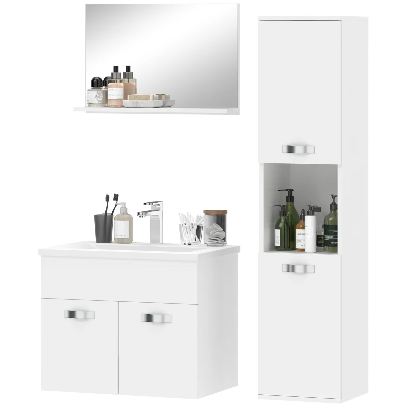kleankin Conjunto de Muebles de Baño de Pared 4 Piezas Incluye Espejo Armario con Lavabo Cerámico y Columna de Baño Blanco