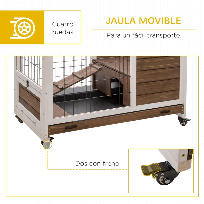 PawHut Jaula de Conejos Conejera para Mascotas Pequeñas con Techo Abrible y Bandeja Extraíble 90x53x59 cm Marrón