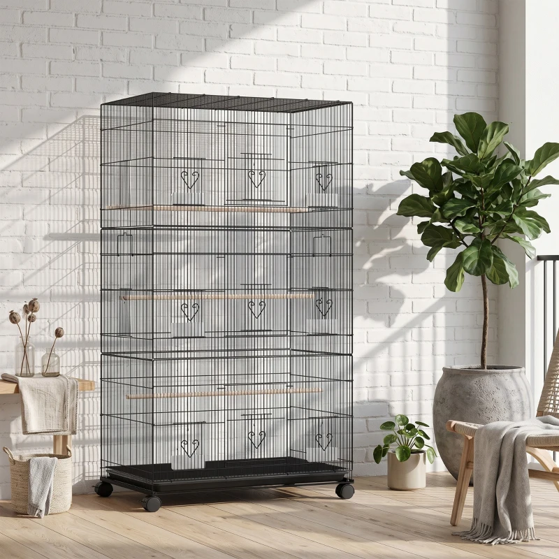 PawHut Grande Cage à Oiseaux sur Roulettes en Acier, Plateau Amovible, Portes, Perchoirs, Mangeoires, 77x46,5x141cm, Noir