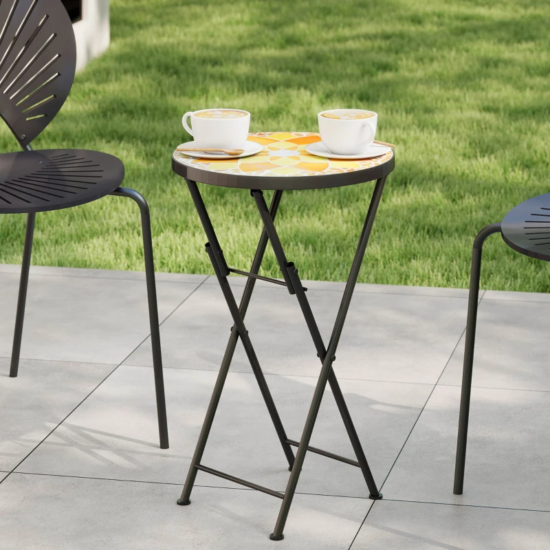 Outsunny Mosaic Outdoor Garden Table, 35.5cm Round Folding Coffee Table with Metal Frame for Balcony Terrace, Yellow