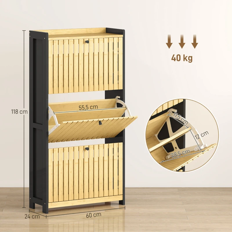 HOMCOM Meuble à chaussures 18 paires avec 3 tiroirs rabattables, portes en bambou à lattes, 60x24x118cm, noir et bois naturel