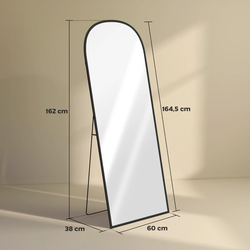 HOMCOM Espejo de Pie Cuerpo Entero de Aleación de Aluminio Espejo de Pared con 2 Formas de Uso Arqueado 60x1,5x165 cm Negro