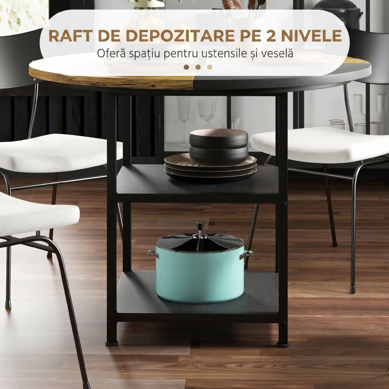 HOMCOM Masă de Dining pentru 4-6 Persoane cu 2 Rafturi Integrate, din Oțel și MDF, Ø100x76 cm, Negru și Maro