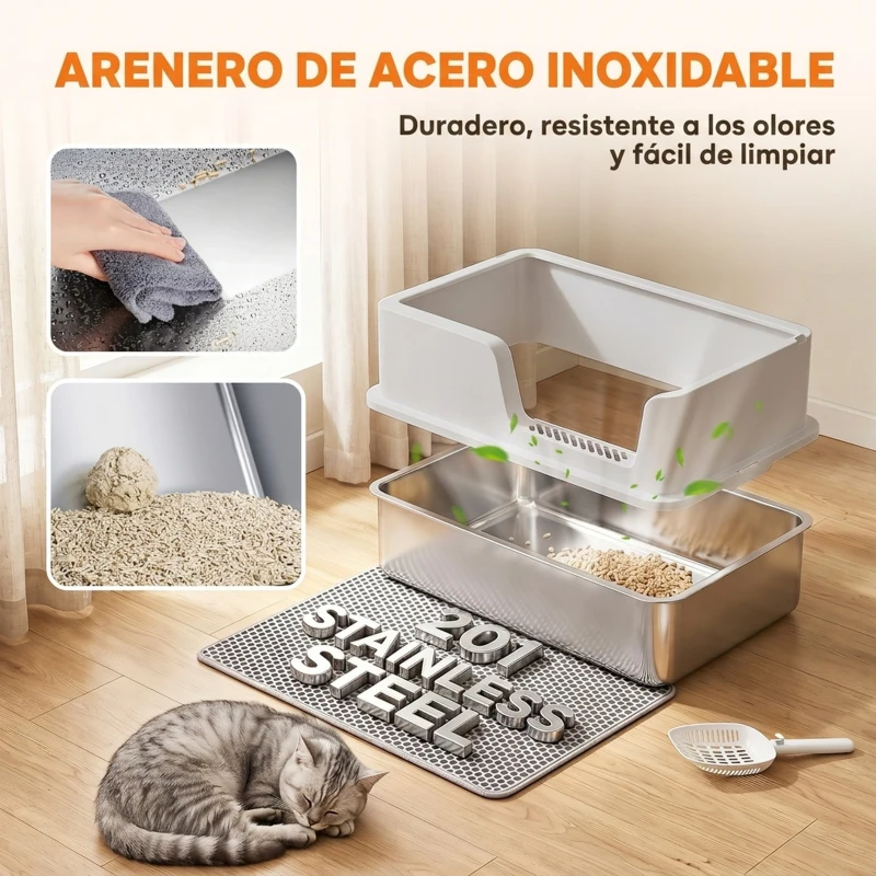 PawHut Arenero para Gatos de Acero Inoxidable XL con Borde Alto Pala Cepillo y Gancho Gris Claro