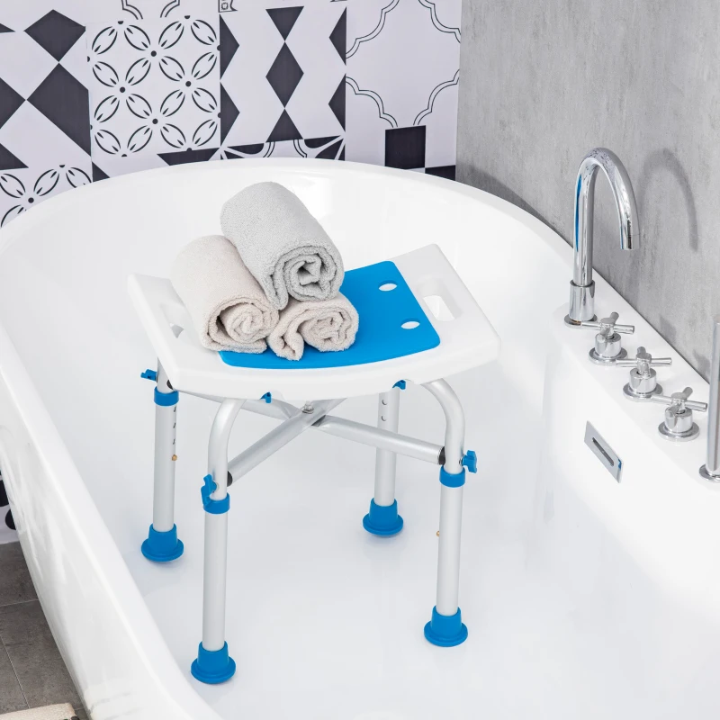 HOMCOM Sgabello per Doccia in Alluminio con Altezza Regolabile e Piedini Antiscivolo a Ventosa, Blu