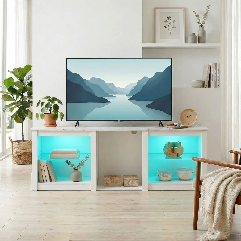 HOMCOM 70in TV Stand, with LED Lights and Storage - White