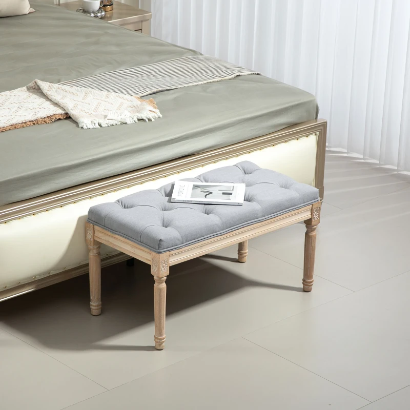 HOMCOM Banco Pie de Cama Tapizado en Lino Sintético con Patas de Madera y Asiento Acolchado Estilo Vintage Gris Claro
