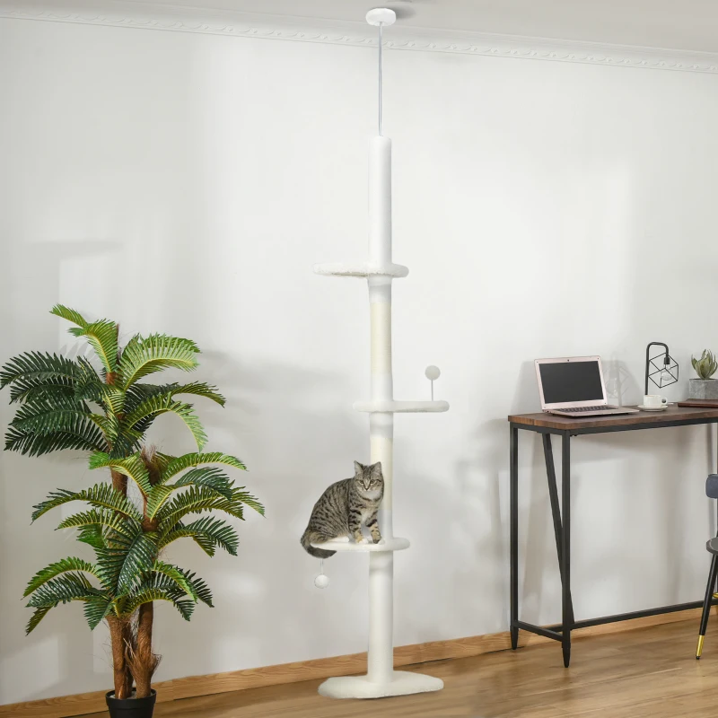 PawHut 225-255 cm Adjustable Cat Climbing Tower with Sisal Scratching Posts, 2 Hanging Play Balls and Anti-Tip Strap, Beige