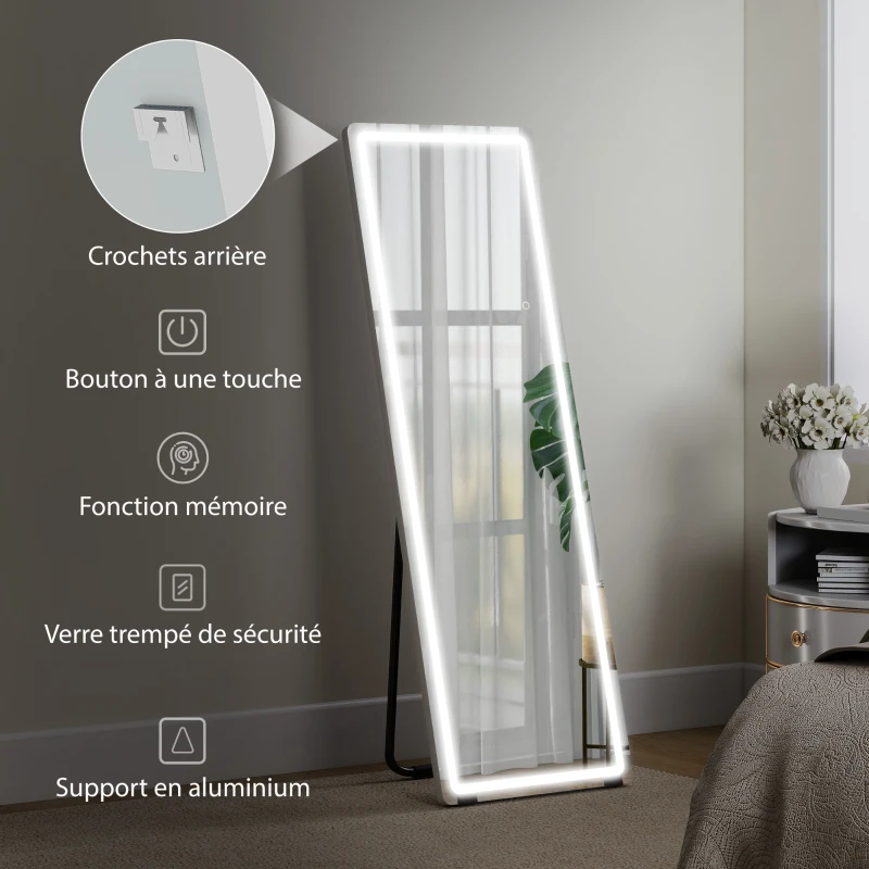 HOMCOM Miroir sur Pied avec LED 150 x 50 cm, 3 Couleurs, Dimmable, Fonction de Mémoire, Verre Trempé 4 mm, Transparent