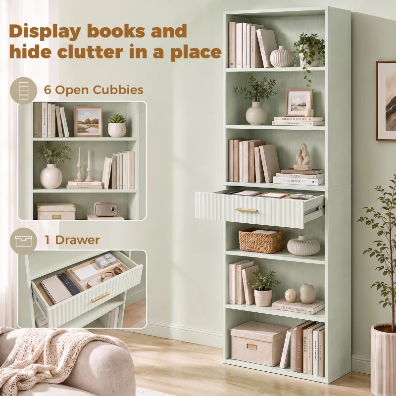 HOMCOM Bookcase Narrow Tall Space-Saving Bookshelf Drawer Open Shelves 60 x 24 x 182 cm Light Green