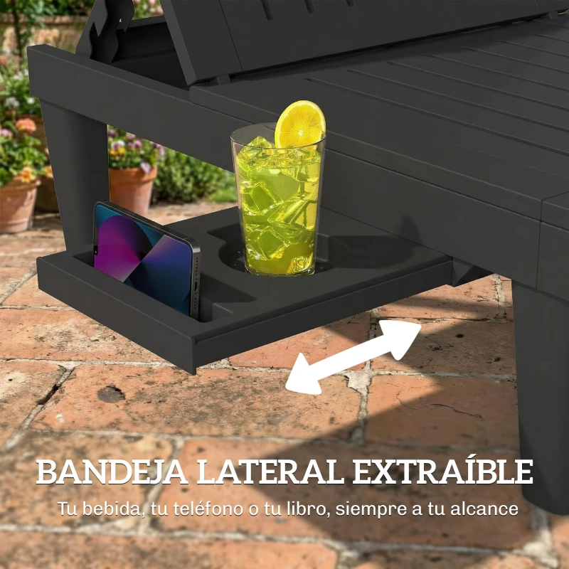 Outsunny Conjunto de 2 Tumbonas Reclinables de Plástico PP con Bandeja Lateral Respaldo Ajustable 5 Niveles 192x57x28,5 cm Negro
