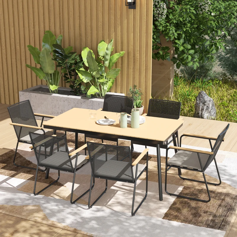 Outsunny 6‑Seater Garden Dining Set with Cushions, Rattan Backrest, Plastic Top, Garden Furniture Set, Natural Wood Finish